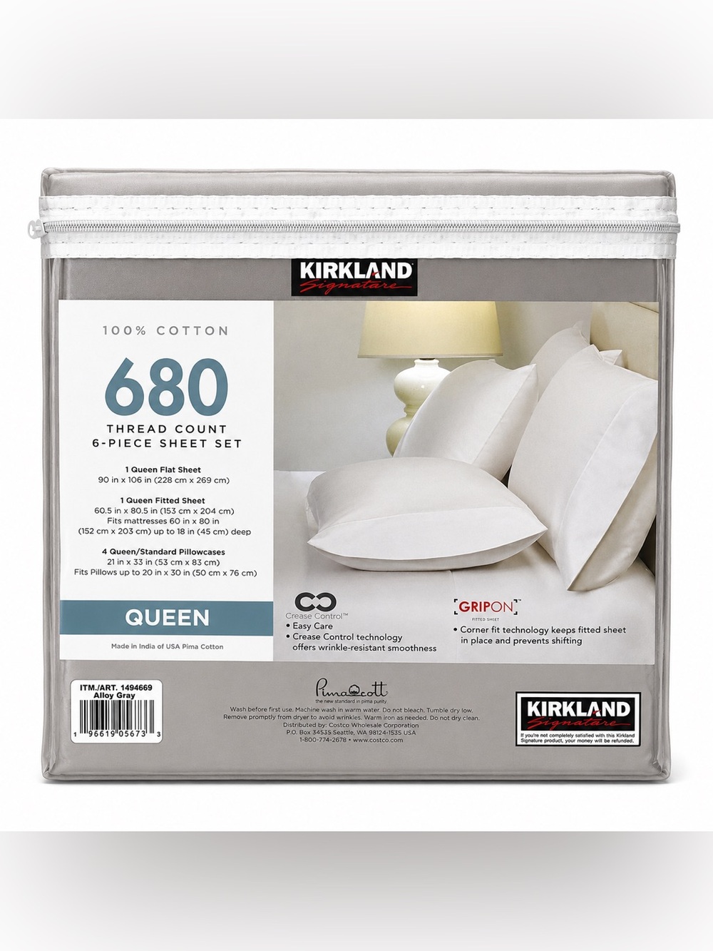 Kirkland Signature Queen 680 TC Pima Cotton 6Pc Sheet Set Alloy Gray NEW
